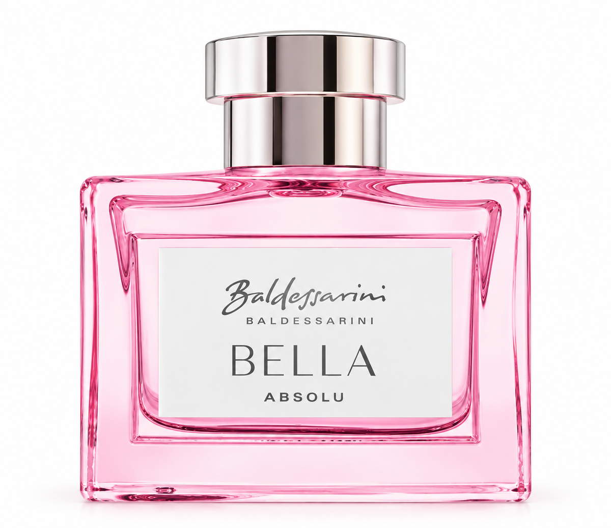 Baldessarini Bella Absolu perfume bottle in elegant pink glass with a polished silver cap and minimalist white label, photographed on a clean white background to clearly showcase the feminine fragrance bottle and premium design.
