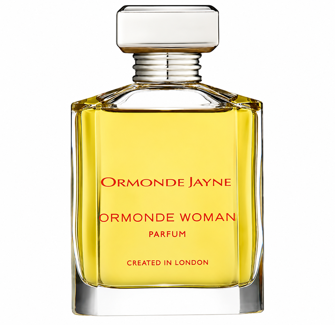 Ormonde Jayne Ormonde Woman Parfum in an elegant clear glass bottle filled with golden fragrance, featuring a minimalist design, a refined transparent cap, and distinctive red lettering, presented on a clean white background. Luxury niche perfume showcased in a high-resolution studio product image.