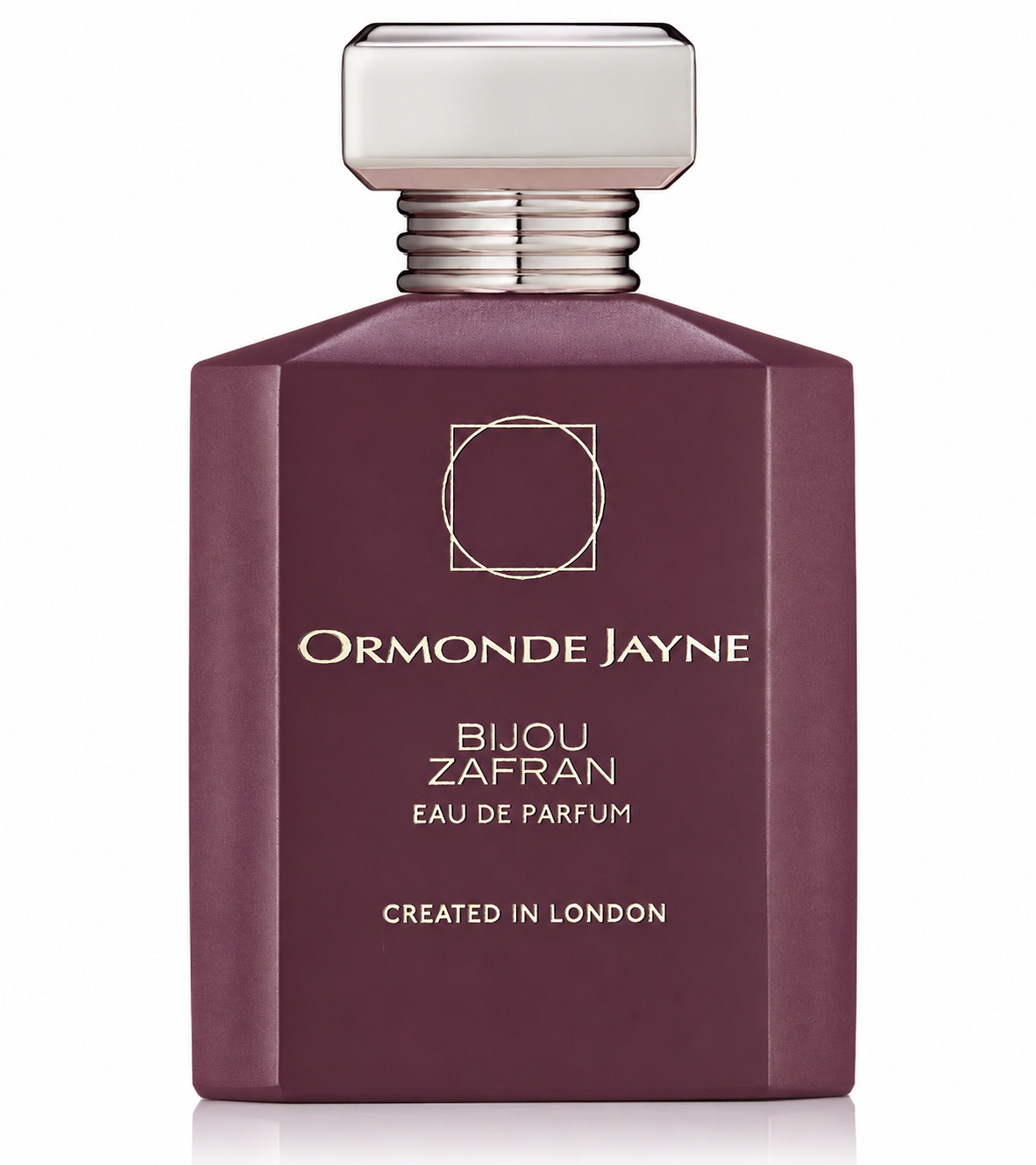 Ormonde Jayne Bijou Zafran Eau de Parfum in an elegant matte plum-purple bottle with a refined geometric design, frosted cap, polished silver collar, and sophisticated gold lettering, presented on a clean white background. Luxury niche perfume showcased in a high-resolution studio product image