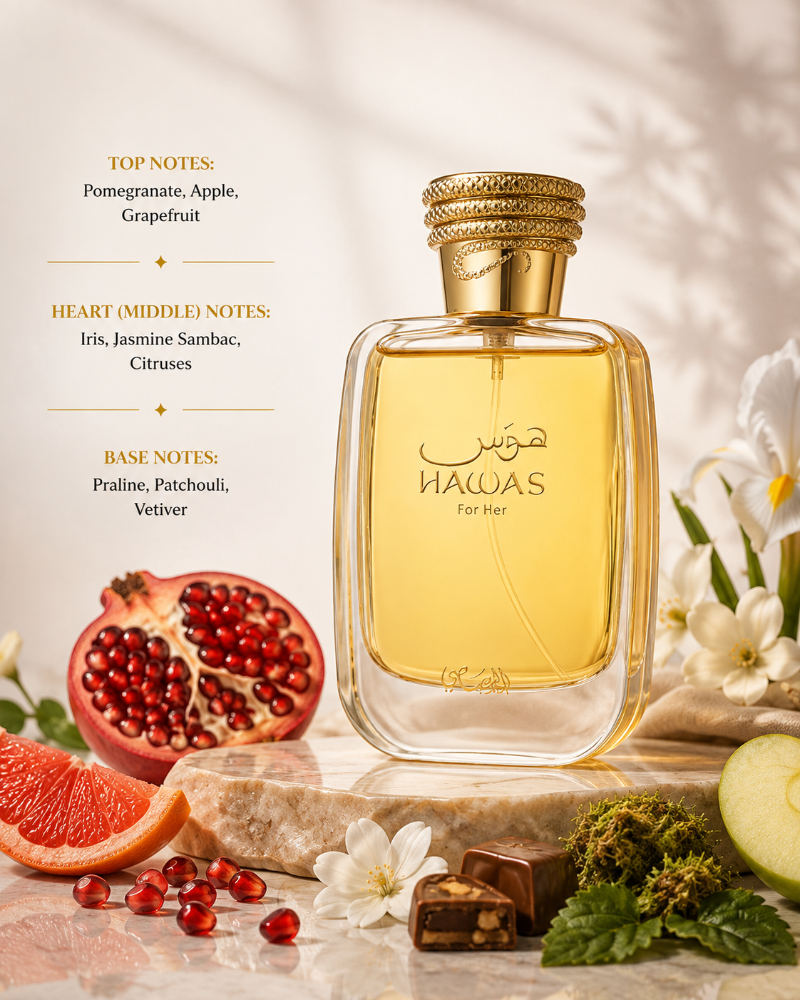 Rasasi Hawas For Her Eau de Parfum presented in an elegant luxury composition on a polished marble pedestal, surrounded by ripe pomegranate, crisp apple, fresh grapefruit, delicate iris petals, jasmine sambac blossoms, bright citrus fruits, creamy praline chocolates, earthy patchouli leaves and aromatic vetiver, illuminated by soft warm natural light with refined botanical shadows to reflect the fragrance's sparkling fruity opening, elegant floral heart and warm sophisticated gourmand-woody base.
