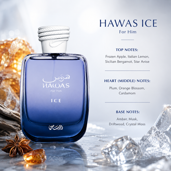 Rasasi Hawas Ice with frozen apple, lemon, bergamot, plum, amber, musk and driftwood notes