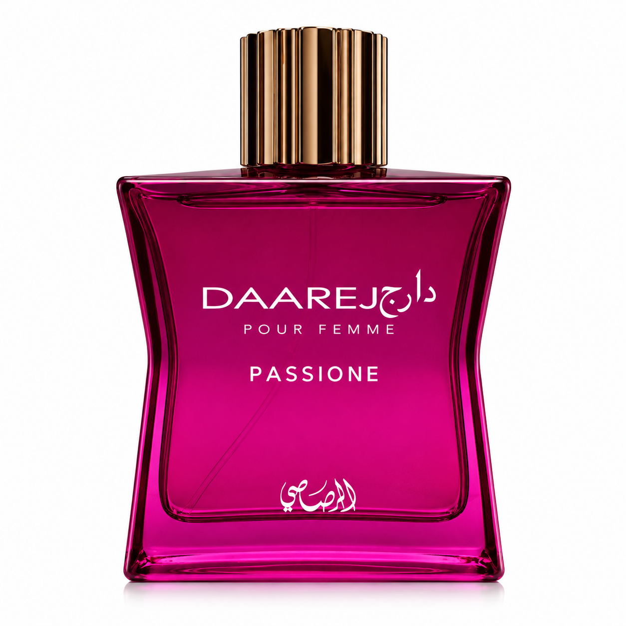 Rasasi Daarej Passione Pour Femme Eau de Parfum bottle in its vibrant fuchsia pink glass flacon with elegant rose gold cap, isolated on a pristine white background with premium studio lighting, highlighting the feminine silhouette, luxurious finish and vivid color of the fragrance.