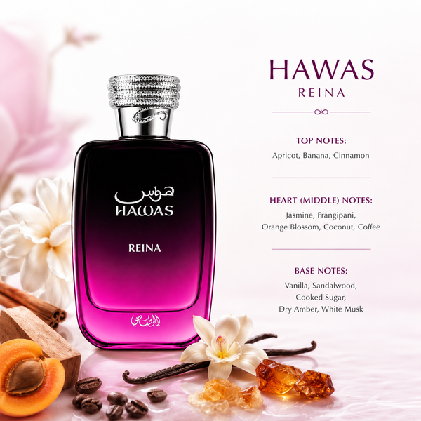 Rasasi Hawas Reina perfume with apricot, banana, coffee, coconut, vanilla, cooked sugar and sandalwood