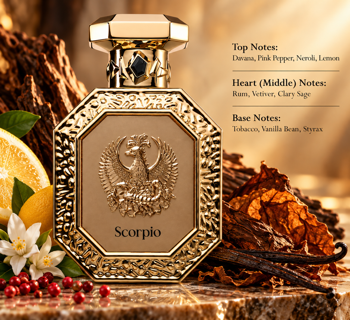 French Avenue Scorpio perfume presented with lemon, neroli, pink pepper, warm tobacco and vanilla, reflecting its aromatic rum, vetiver and clary sage heart with a rich Styrax base.