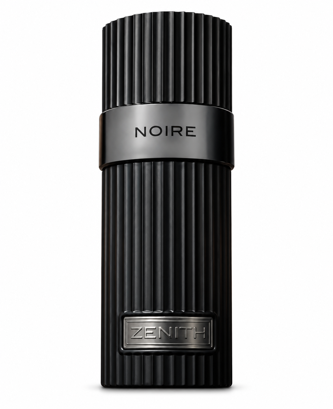 Zenith Noire perfume bottle in an elegant matte black ribbed design with a dark metallic band, NOIRE lettering and silver Zenith plaque, presented on a clean white background.