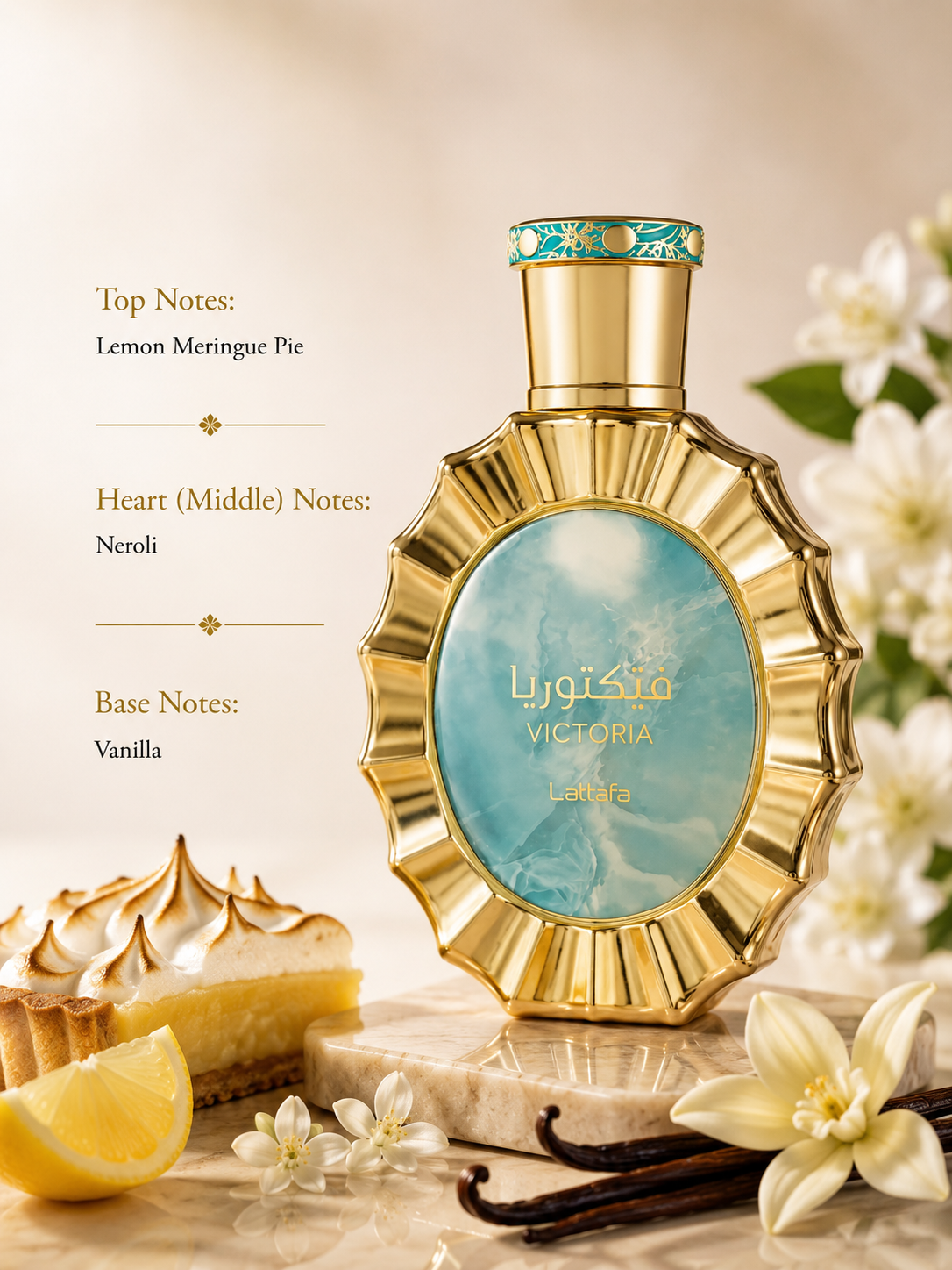 Lattafa Victoria Eau de Parfum showcased in an elegant luxury fragrance composition featuring lemon meringue pie, neroli, and vanilla-inspired elements. The sophisticated gold bottle with a radiant sunburst design and soft blue marbled center panel is presented in a refined setting that highlights its fresh citrus gourmand, delicate floral, and creamy vanilla character.