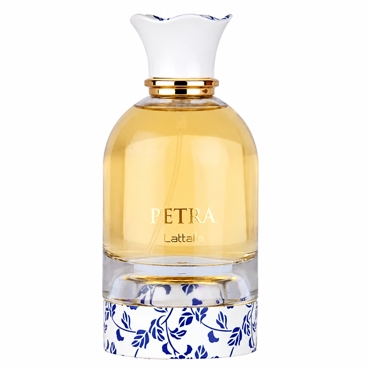 Lattafa Petra Eau de Parfum in an elegant clear glass bottle with golden fragrance liquid, a white floral-inspired cap, and delicate blue porcelain-style detailing at the base, presented on a clean white background. Premium luxury fragrance showcased in a high-resolution studio product image.