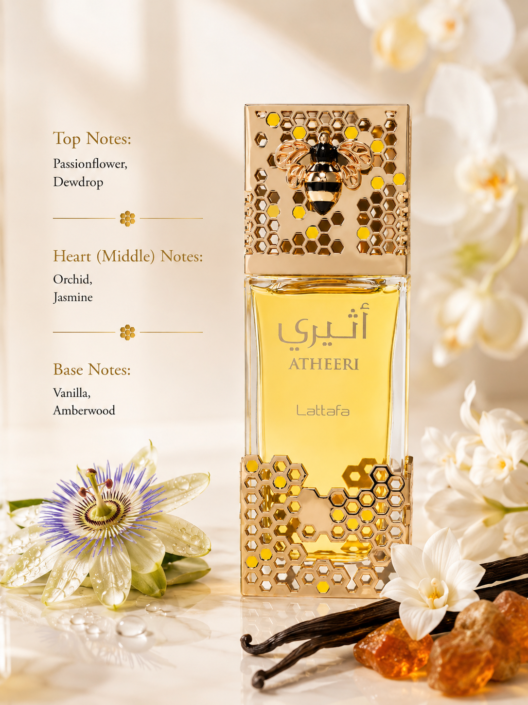 Lattafa Atheeri Eau de Parfum showcased in an elegant luxury fragrance composition featuring passionflower, dewdrop, orchid, jasmine, vanilla, and amberwood-inspired elements. The sophisticated clear glass bottle with golden honeycomb detailing and a decorative bee ornament is presented in a refined setting that highlights its fresh floral, creamy, and warm amber character.