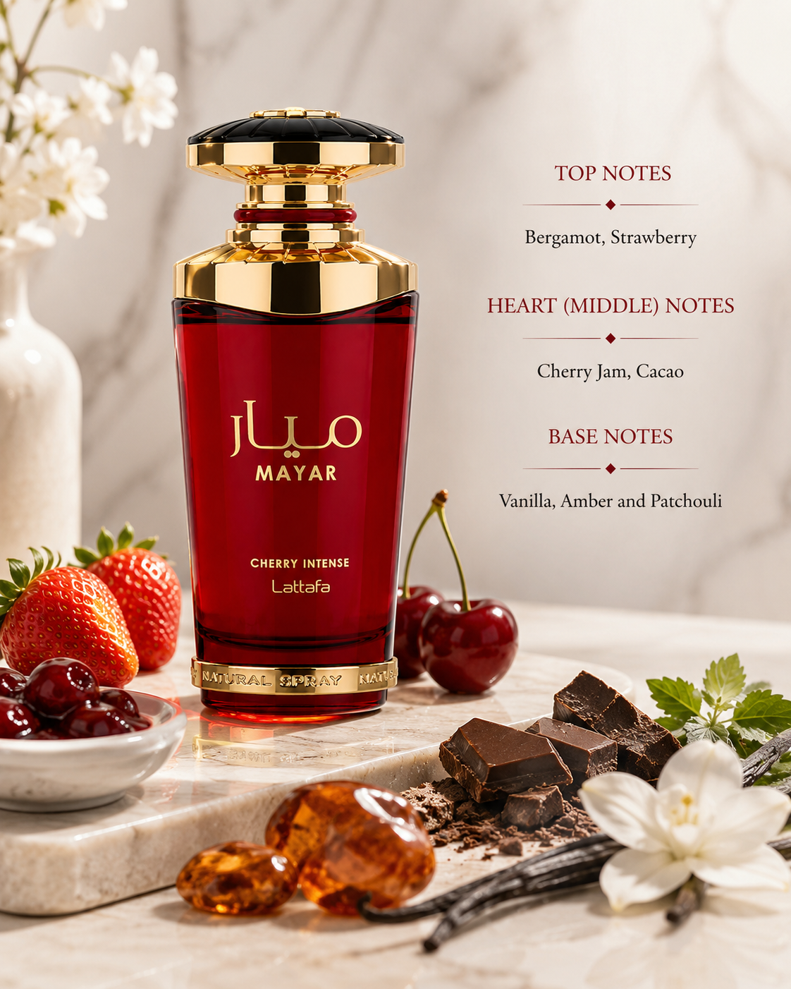 Lattafa Mayar Cherry Intense Eau de Parfum 100ml elegantly displayed on a refined marble surface surrounded by fresh strawberries, ripe cherries, cherry preserve, dark chocolate, vanilla pods, amber resin, delicate white blossoms and soft greenery, creating a luxurious, warm and indulgent atmosphere that perfectly reflects its rich fruity gourmand fragrance profile.