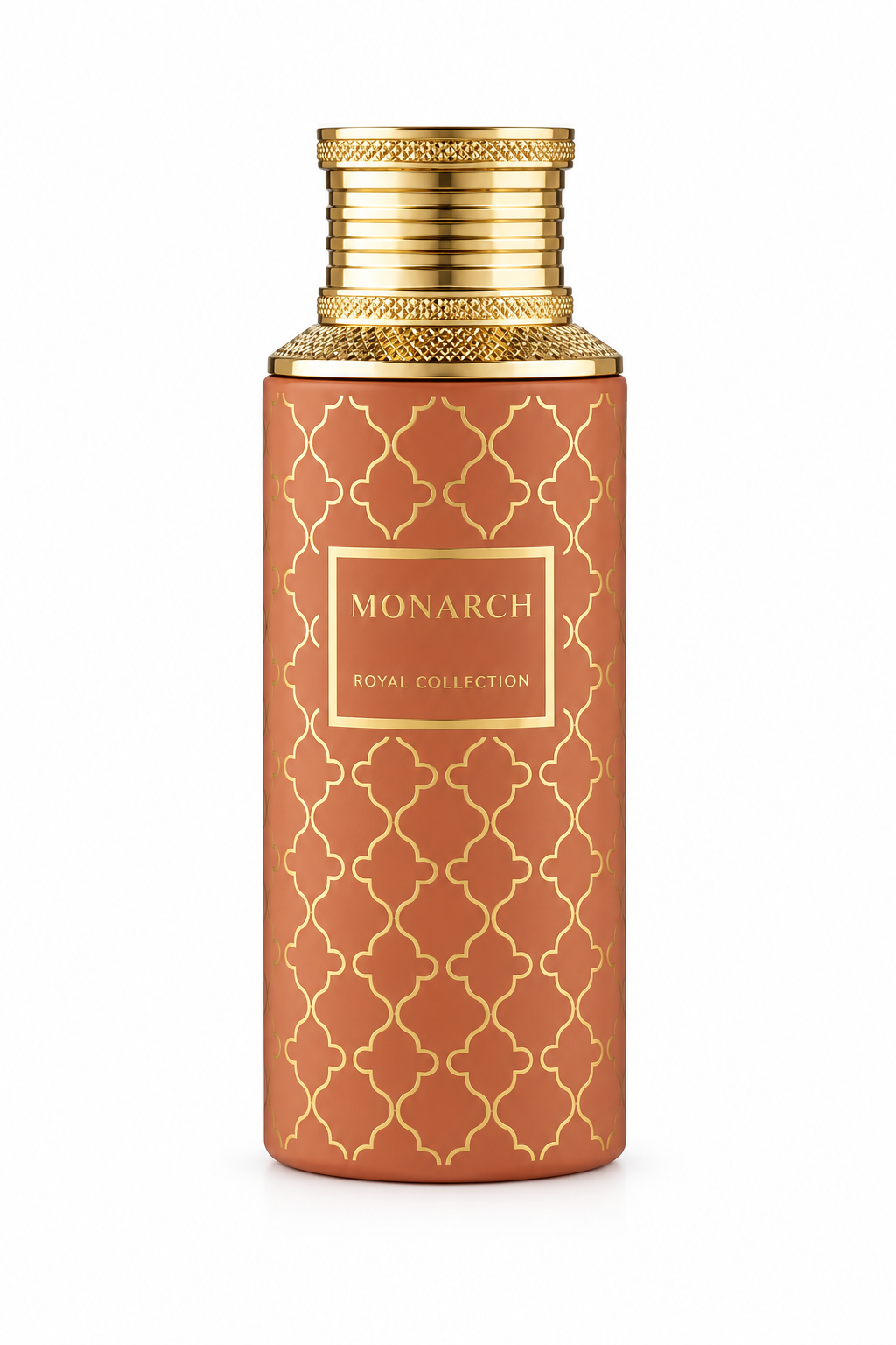 Maison Asrar Monarch Royal Collection 100ml Eau de Parfum featuring an elegant terracotta-orange cylindrical bottle with intricate gold geometric patterns, a luxurious textured gold cap and a central Monarch label. Premium Arabian perfume photographed against a pure white background.