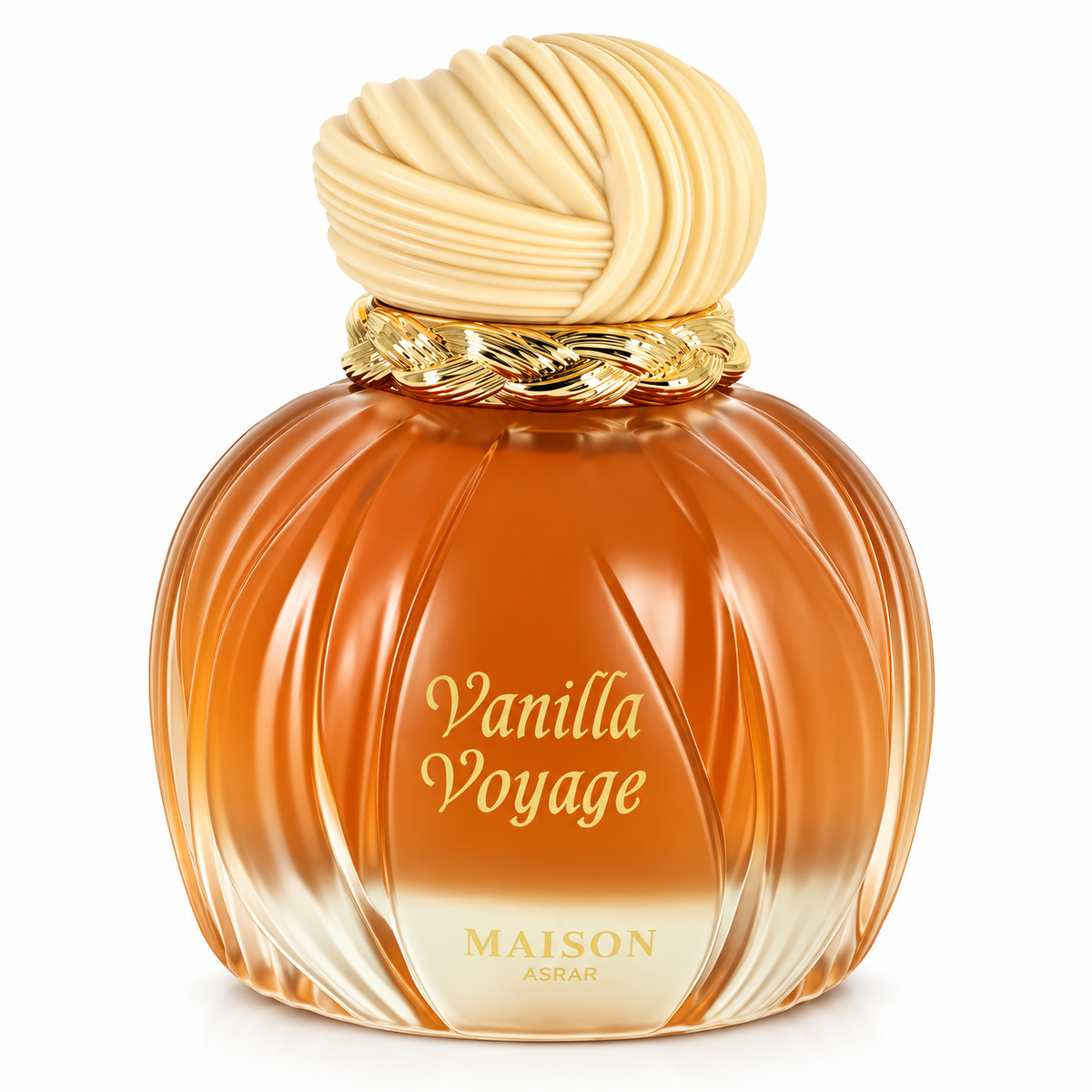 Maison Asrar Vanilla Voyage Eau de Parfum featuring a luxurious rounded amber-orange glass bottle with elegant curved detailing, a sculpted cream-colored cap, decorative gold collar and refined gold lettering, photographed against a pure white background.