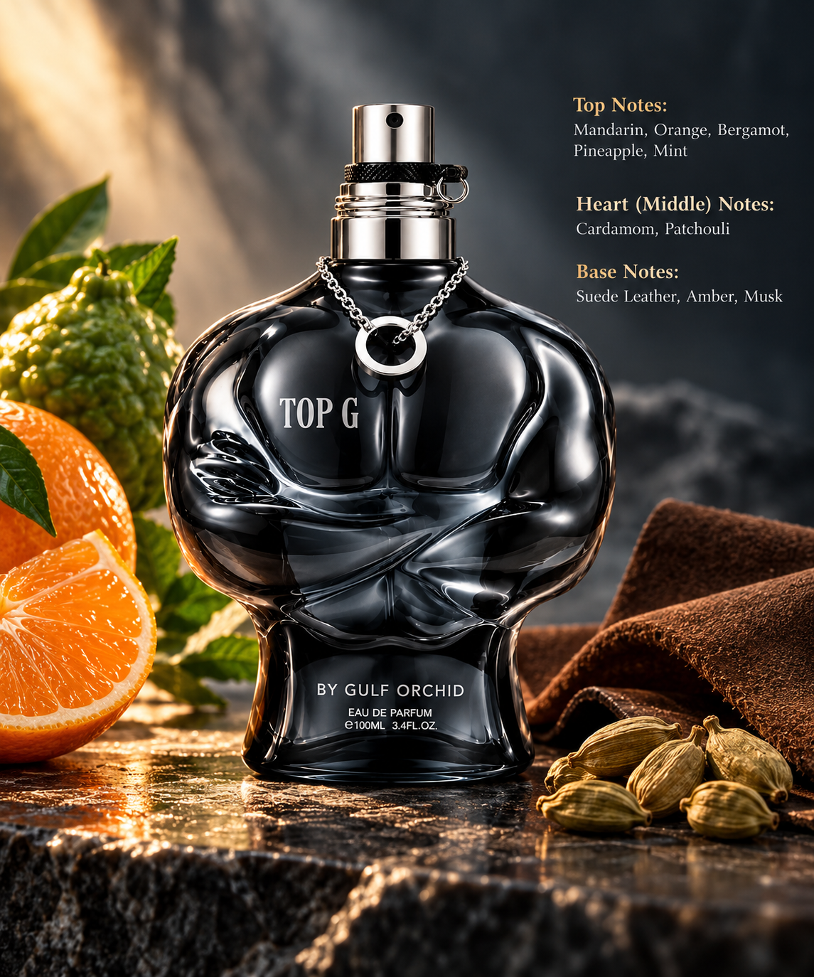 Gulf Orchid Top G 2 100ml Eau de Parfum presented in a luxurious masculine setting with fresh citrus fruits, mint leaves, cardamom and suede leather. A bold, sophisticated fragrance combining mandarin, bergamot, pineapple, patchouli, amber and musk with warm, elegant undertones.