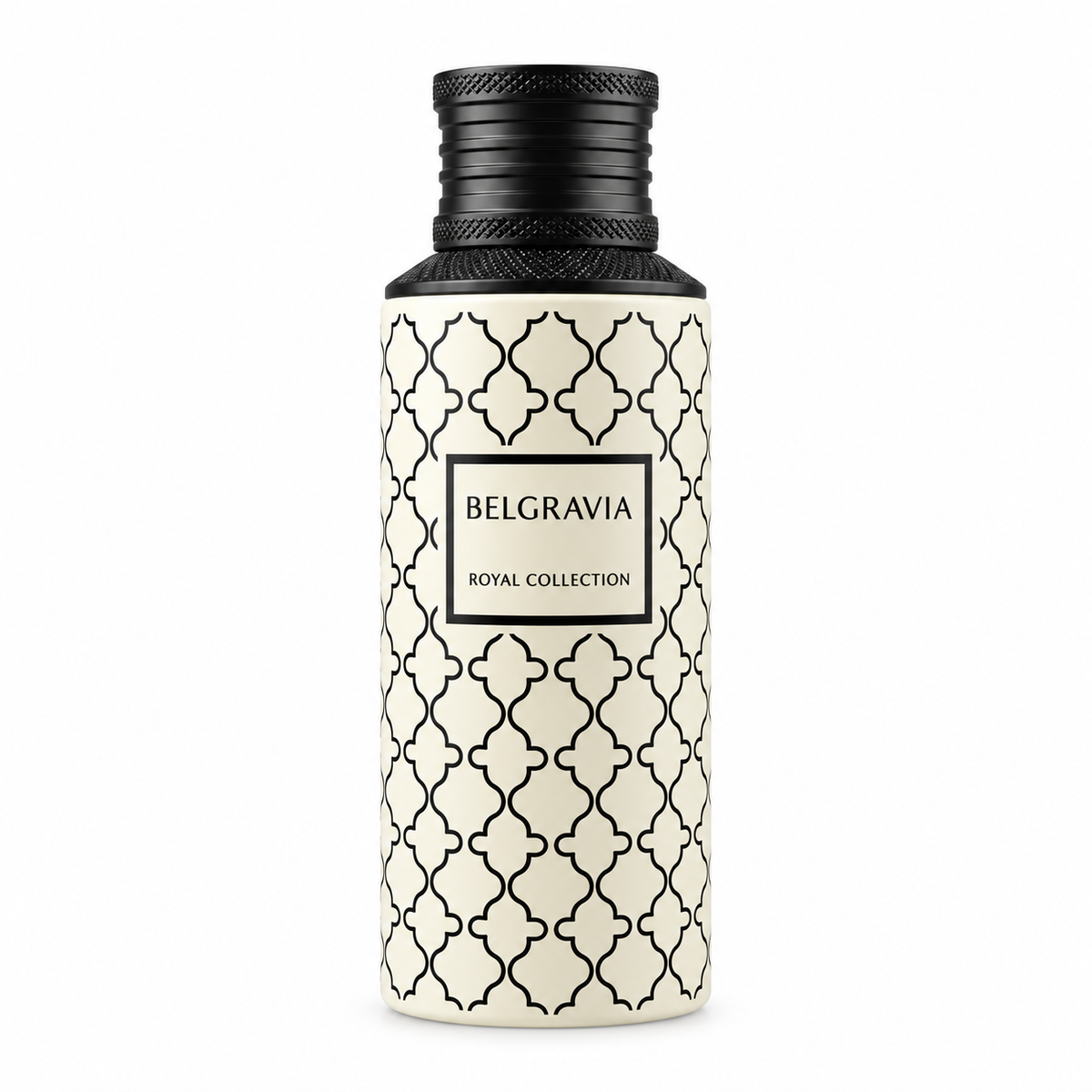 Maison Asrar Belgravia Royal Collection 100ml Eau de Parfum featuring an elegant ivory cylindrical bottle with a black geometric pattern, central Belgravia label and textured black cap. A sophisticated luxury perfume bottle photographed against a pure white background.