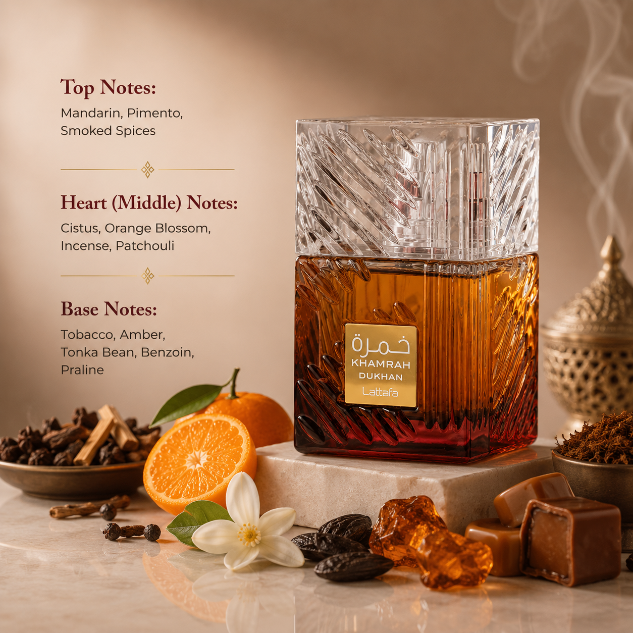 Lattafa Khamrah Dukhan Eau de Parfum showcased in an elegant luxury fragrance composition featuring mandarin, pimento, smoked spices, cistus, orange blossom, incense, patchouli, tobacco, amber, tonka bean, benzoin, and praline-inspired elements. The distinctive amber-toned crystal bottle is presented in a refined setting that highlights its smoky, spicy, amber, and oriental gourmand character.