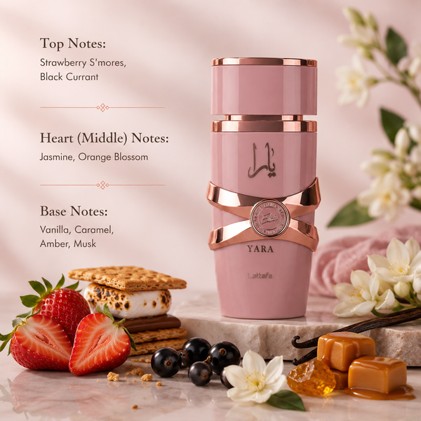 Lattafa Yara Elixir perfume with strawberry smores, black currant, vanilla, caramel, amber and musk