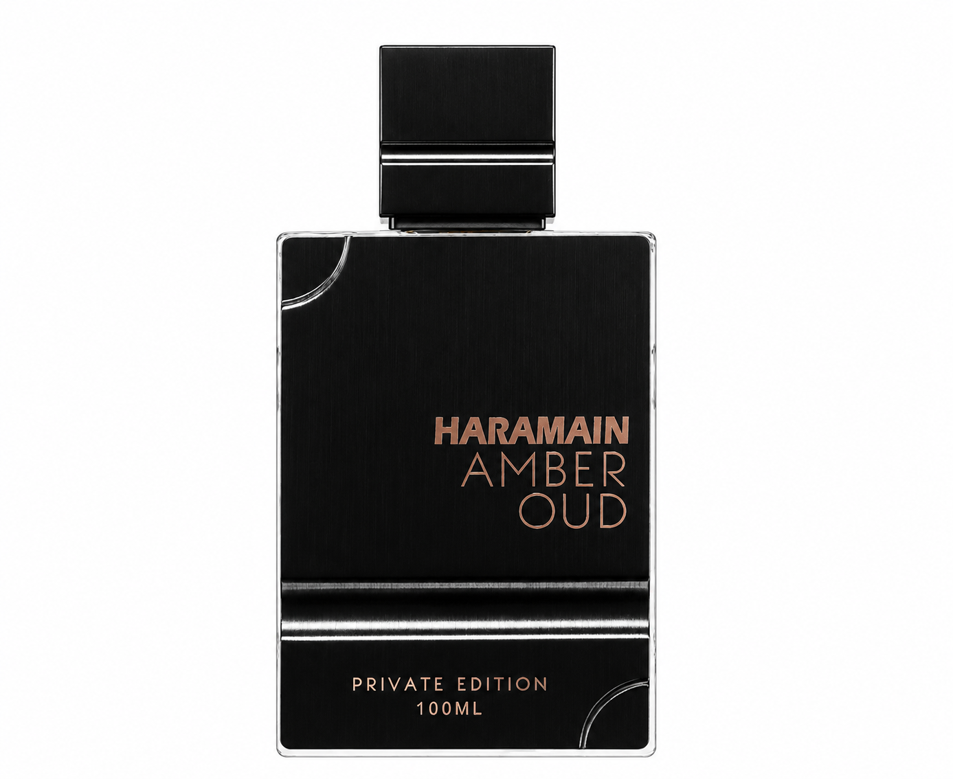 Al Haramain Amber Oud Private Edition 100ml in a sleek black perfume bottle with bronze lettering and silver detailing, photographed on a clean white background.