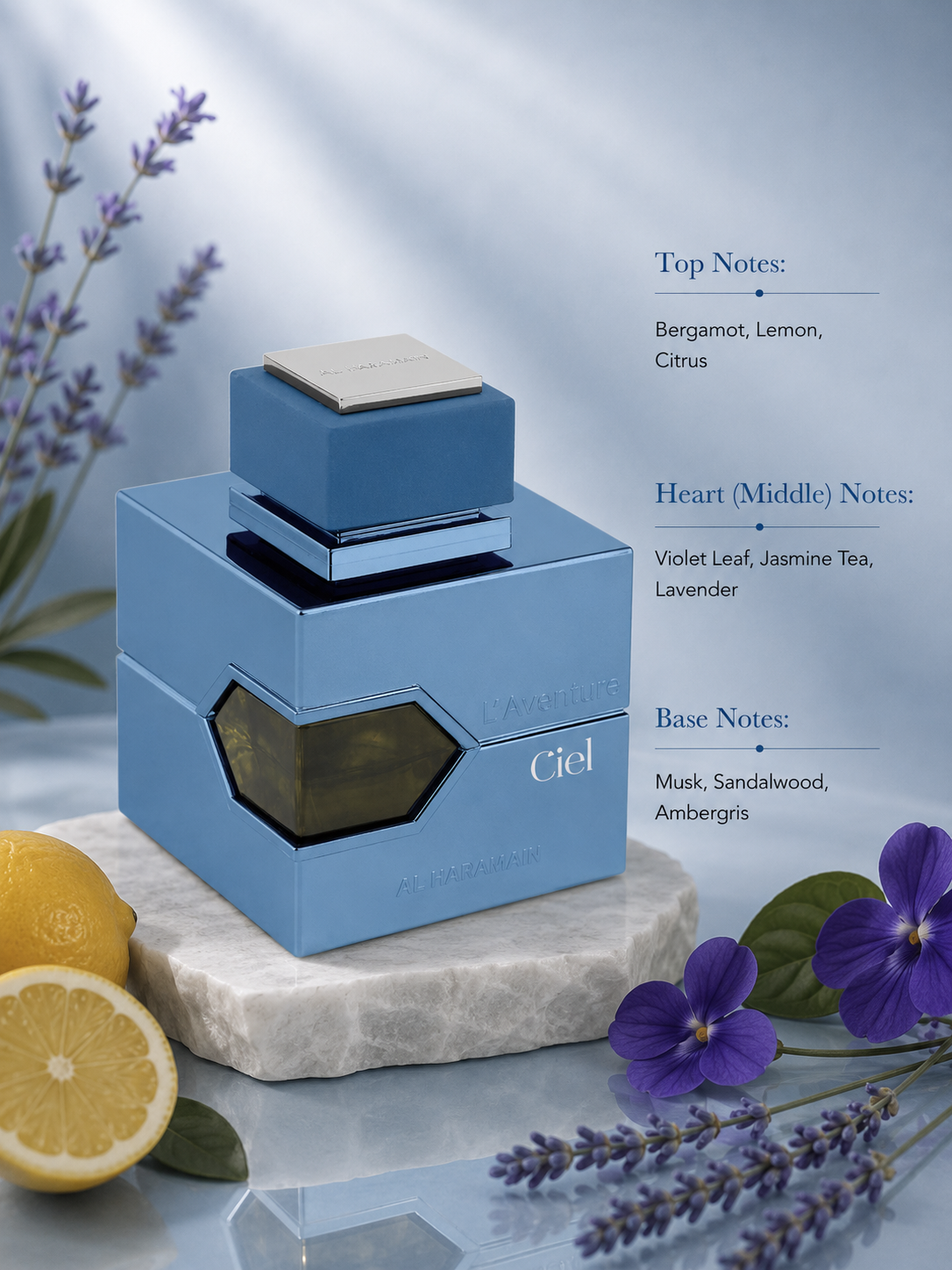 Al Haramain L'Aventure Ciel with bergamot, lavender and ambergris, inspired by a fresh airy fragrance.
