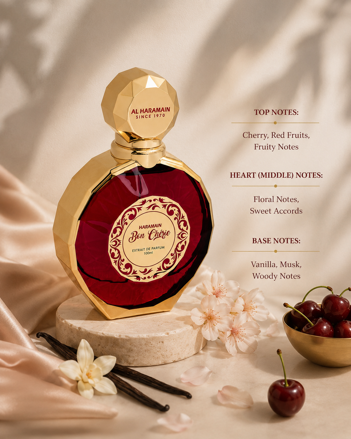 Perfume bottle with gold cap and red body on a beige background, featuring floral and fruit elements.