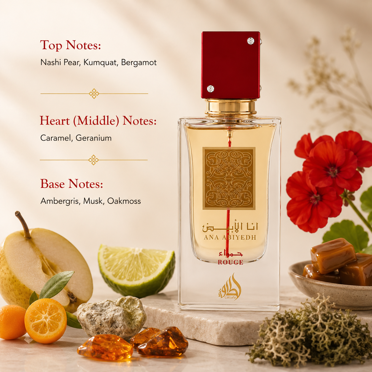 Lattafa Ana Abiyedh Rouge Eau de Parfum showcased in an elegant luxury fragrance composition featuring nashi pear, kumquat, bergamot, caramel, geranium, ambergris, musk, and oakmoss-inspired elements. The sophisticated clear glass bottle with a deep red cap and gold detailing is presented in a refined setting that highlights its fruity, sweet, musky, and modern oriental character.