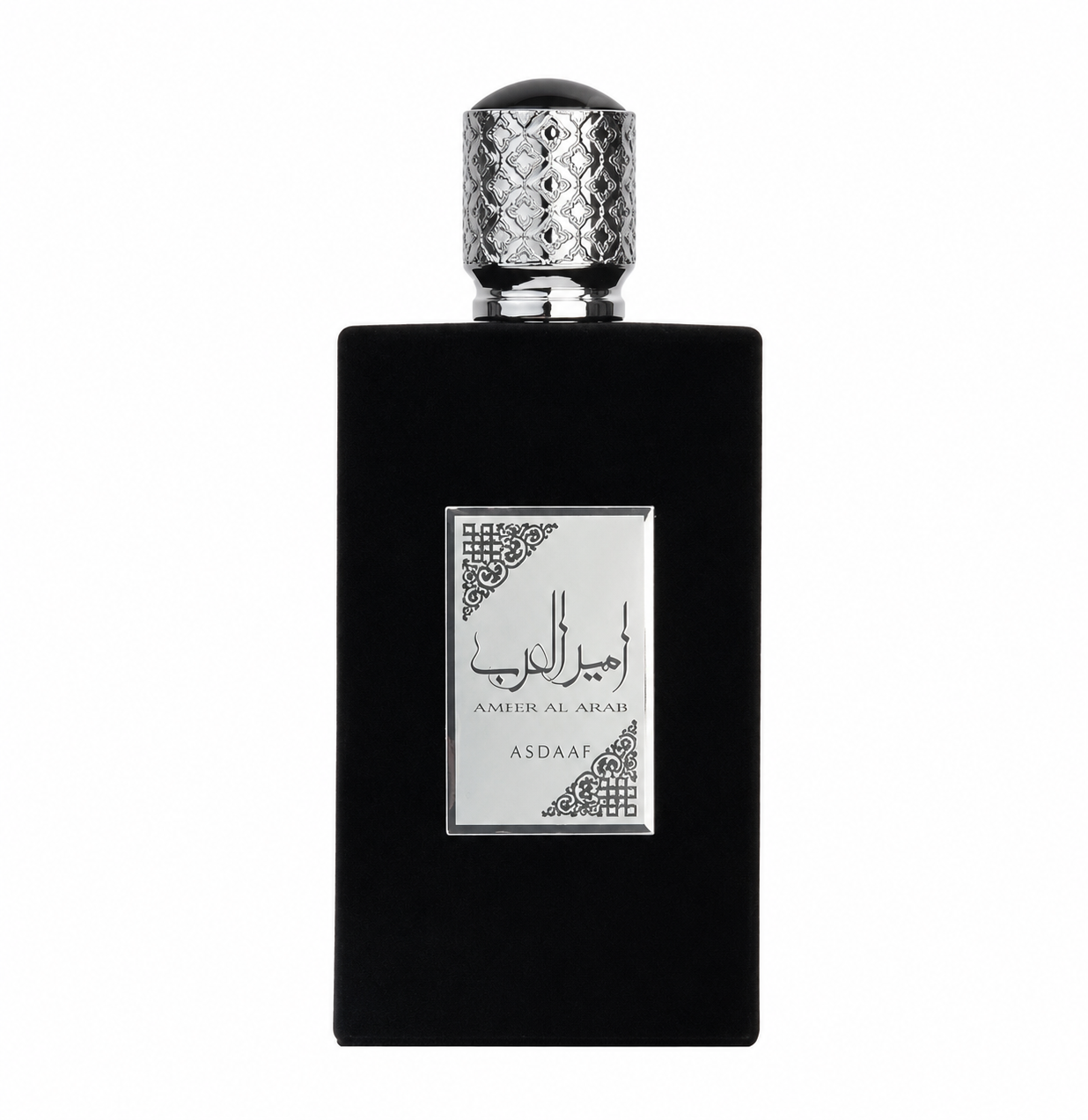 Asdaaf Ameer Al Arab Eau de Parfum in an elegant matte black rectangular bottle with a luxurious engraved silver cap and refined silver front plaque, presented on a clean white background. Premium oriental fragrance showcased in a high-resolution studio product image.