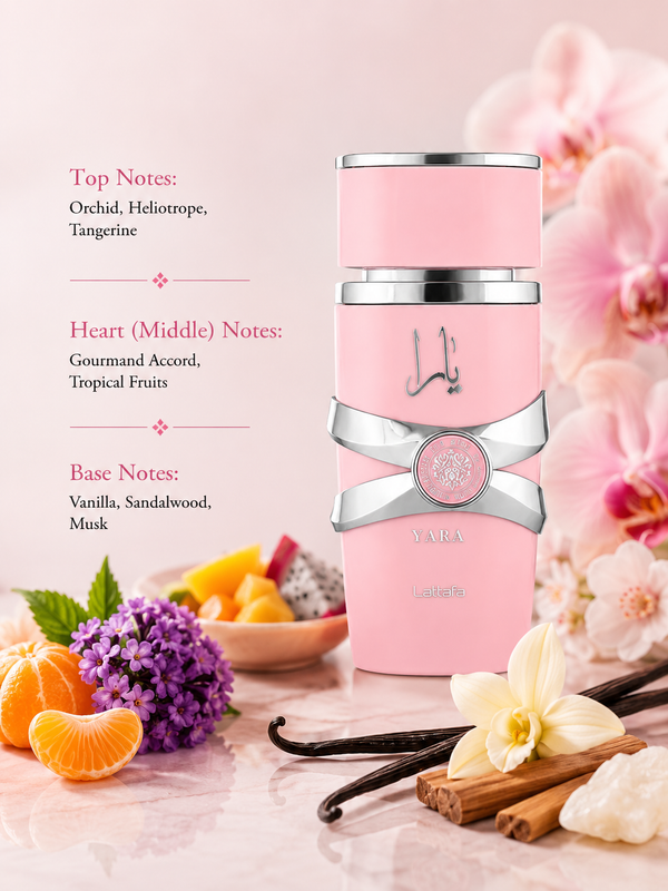 Lattafa Yara perfume with orchid, tropical fruits, vanilla, sandalwood and musk