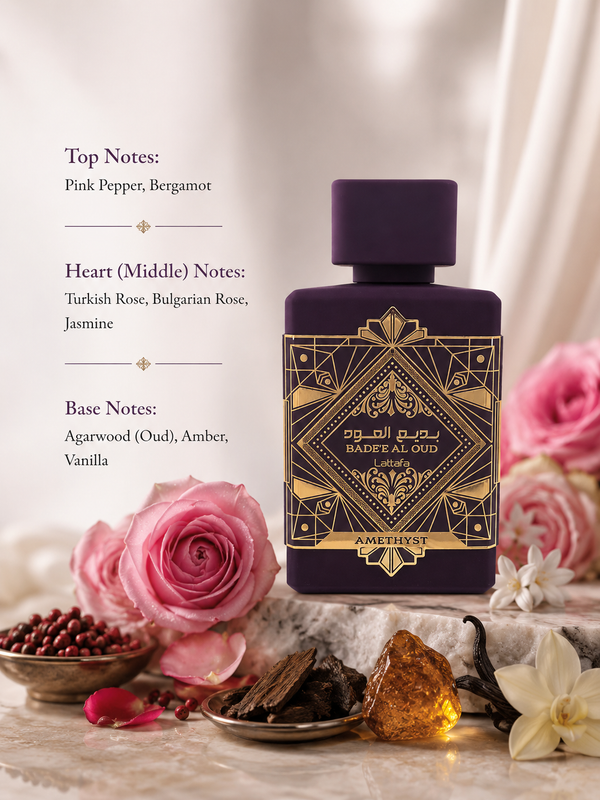 Lattafa Badee Al Oud Amethyst with pink pepper, roses, jasmine, oud, amber and vanilla