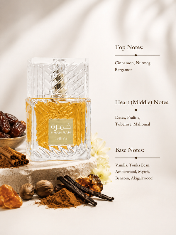 Lattafa Khamrah perfume with cinnamon, dates, praline, vanilla, tonka bean and amber woods