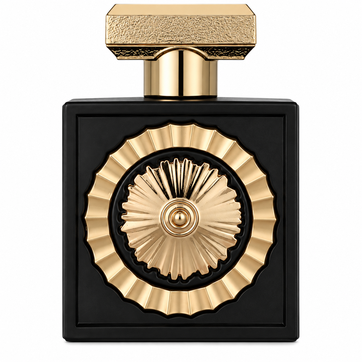 Lattafa Nebras 100ml presented in a luxurious matte black rectangular bottle with an ornate gold medallion centerpiece and textured gold cap, photographed against a clean white background.