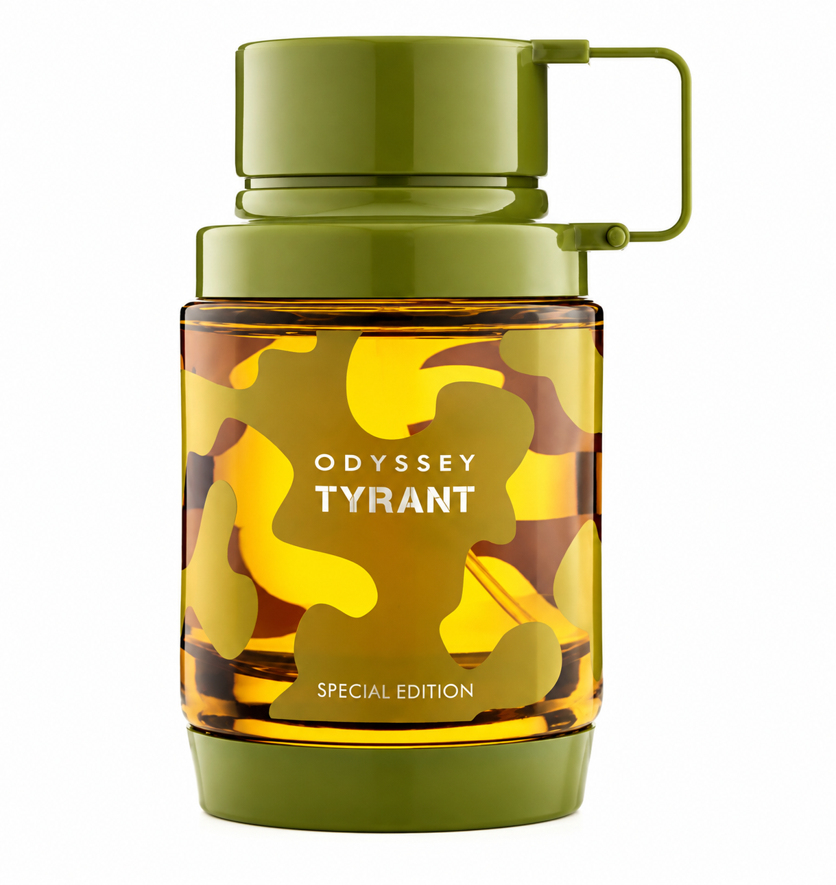 Armaf Odyssey Tyrant Special Edition Eau de Parfum bottle featuring its distinctive olive green design with camouflage details and amber-tinted glass, isolated on a clean white background.