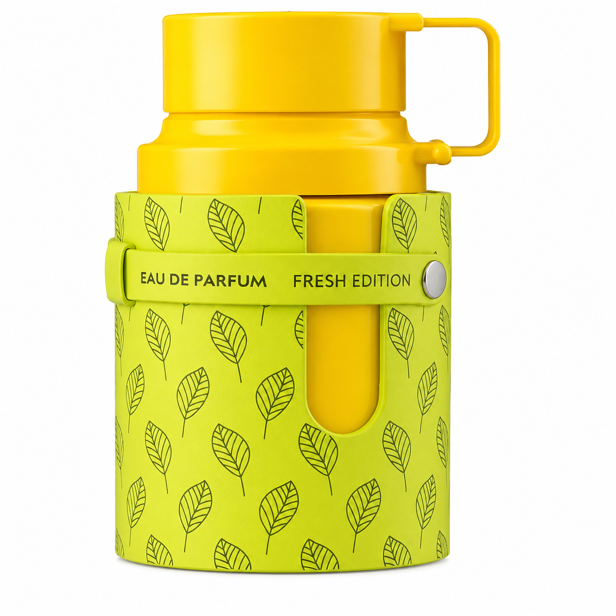 Armaf Odyssey Limoni Fresh Edition Eau de Parfum bottle featuring its vibrant yellow design with a lime green leaf-pattern sleeve and integrated handle, isolated on a clean white background.