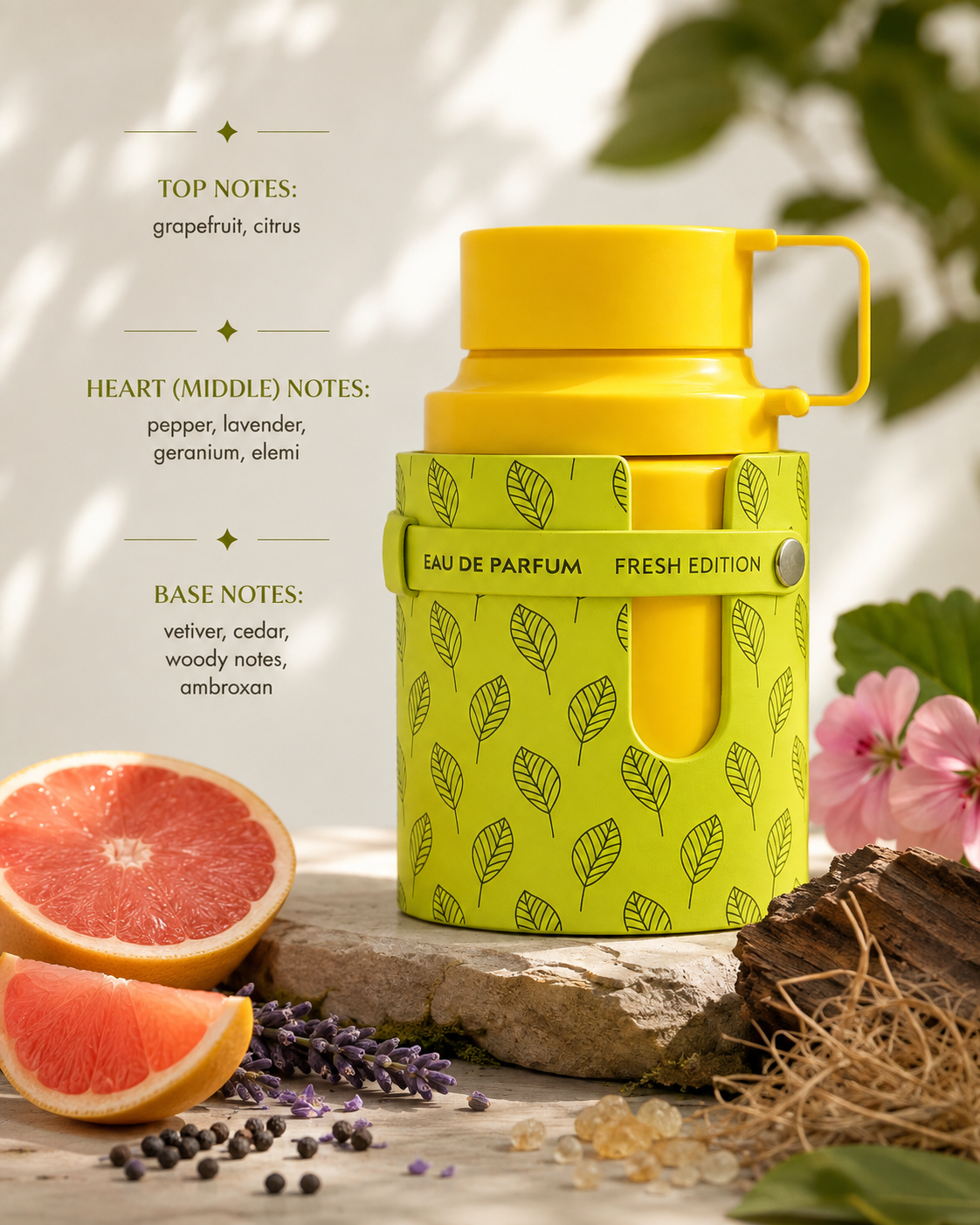 Armaf Odyssey Limoni Fresh Edition Eau de Parfum displayed in a bright Mediterranean-inspired composition with fresh grapefruit, citrus slices, black peppercorns, aromatic lavender, pink geranium blossoms, elemi resin, vetiver roots, cedarwood, warm ambroxan crystals and lush green foliage on a natural stone surface, creating a crisp, energetic and refreshing atmosphere that reflects the fragrance's sparkling citrus opening, aromatic heart and clean woody finish.