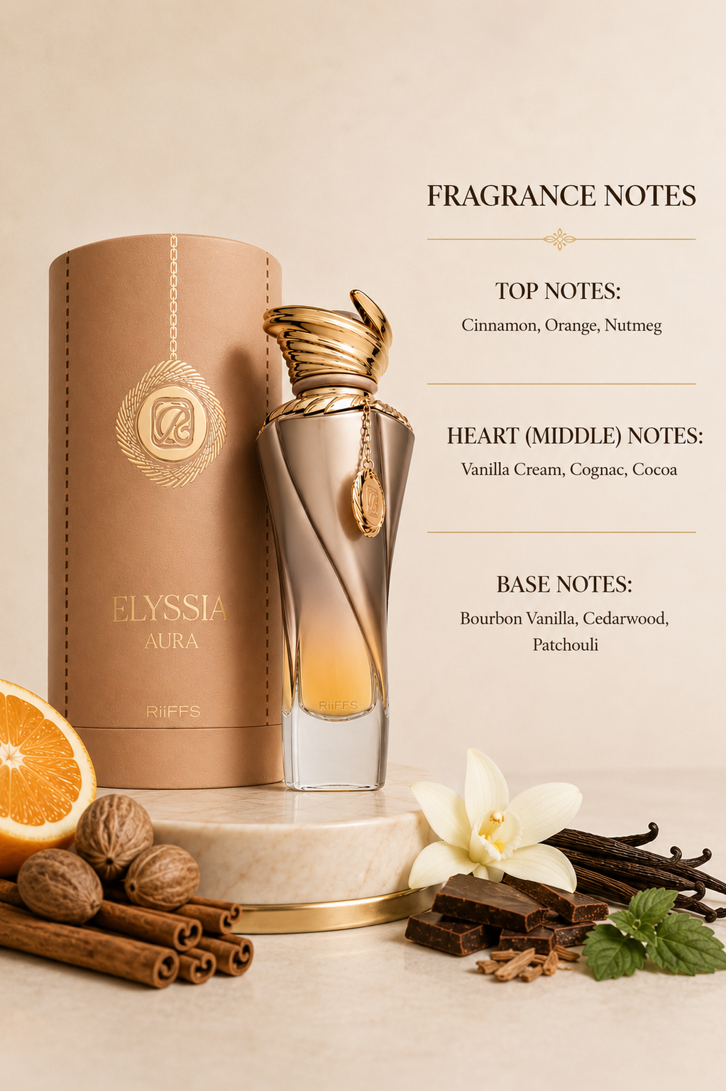 Riiffs Elyssia Aura Eau de Parfum with cinnamon, orange, vanilla flower, chocolate and spices beside fragrance notes, representing its warm gourmand and woody composition.