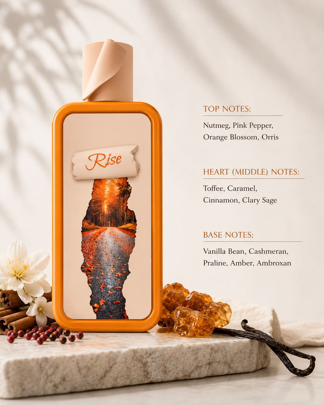 Rise Eau de Parfum displayed on a light stone surface in a warm, minimalist setting with soft natural light, cinnamon sticks, pink peppercorns, white blossoms, amber resin, vanilla pods, and the fragrance note pyramid shown alongside the bottle. The inviting composition highlights the perfume's spicy, gourmand, and amber character while conveying a luxurious fragrance experience with cozy autumn-inspired warmth and elegant modern design.