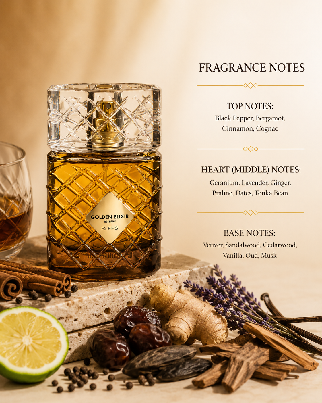 Riiffs Golden Elixir Reserve Eau de Parfum displayed with ginger, lavender, cinnamon, dates, oud and woods alongside fragrance notes, highlighting its spicy woody oriental character.