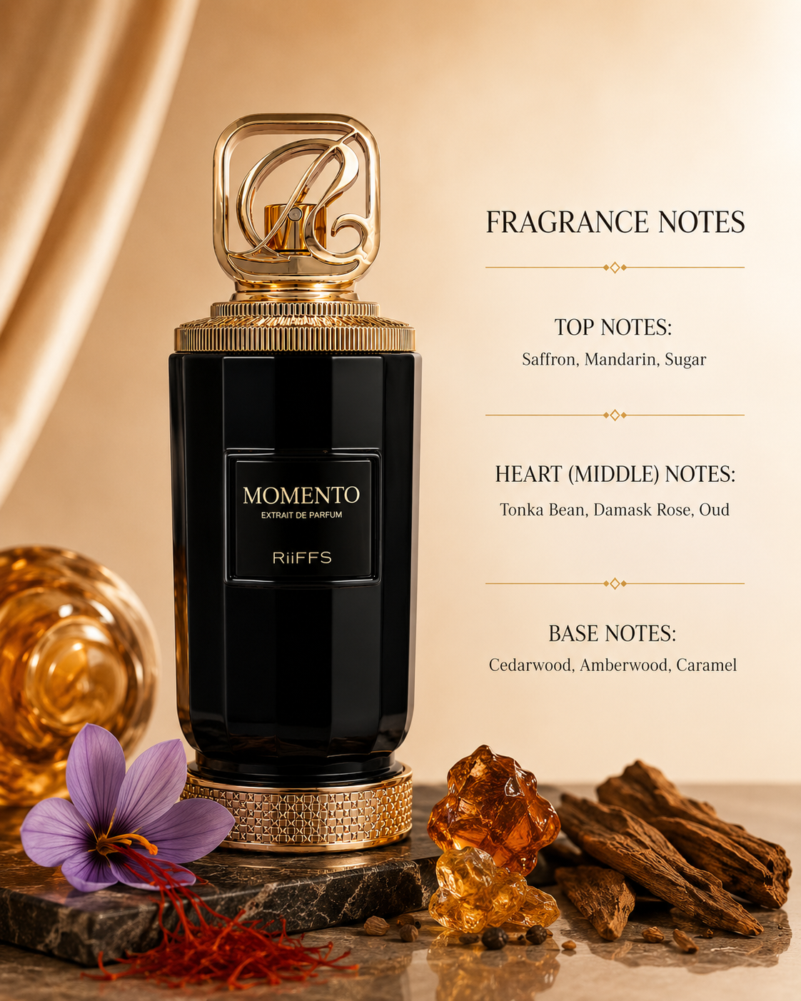 Riiffs Momento Extrait de Parfum styled with saffron, rose, oud, caramel, cedarwood and amber resin beside fragrance notes, reflecting its warm woody oriental scent.