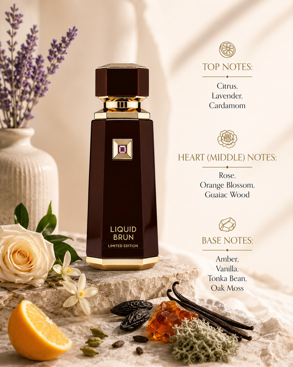 French Avenue Liquid Brun Limited Edition with citrus, lavender, cardamom, rose, orange blossom, guaiac wood, vanilla and tonka bean