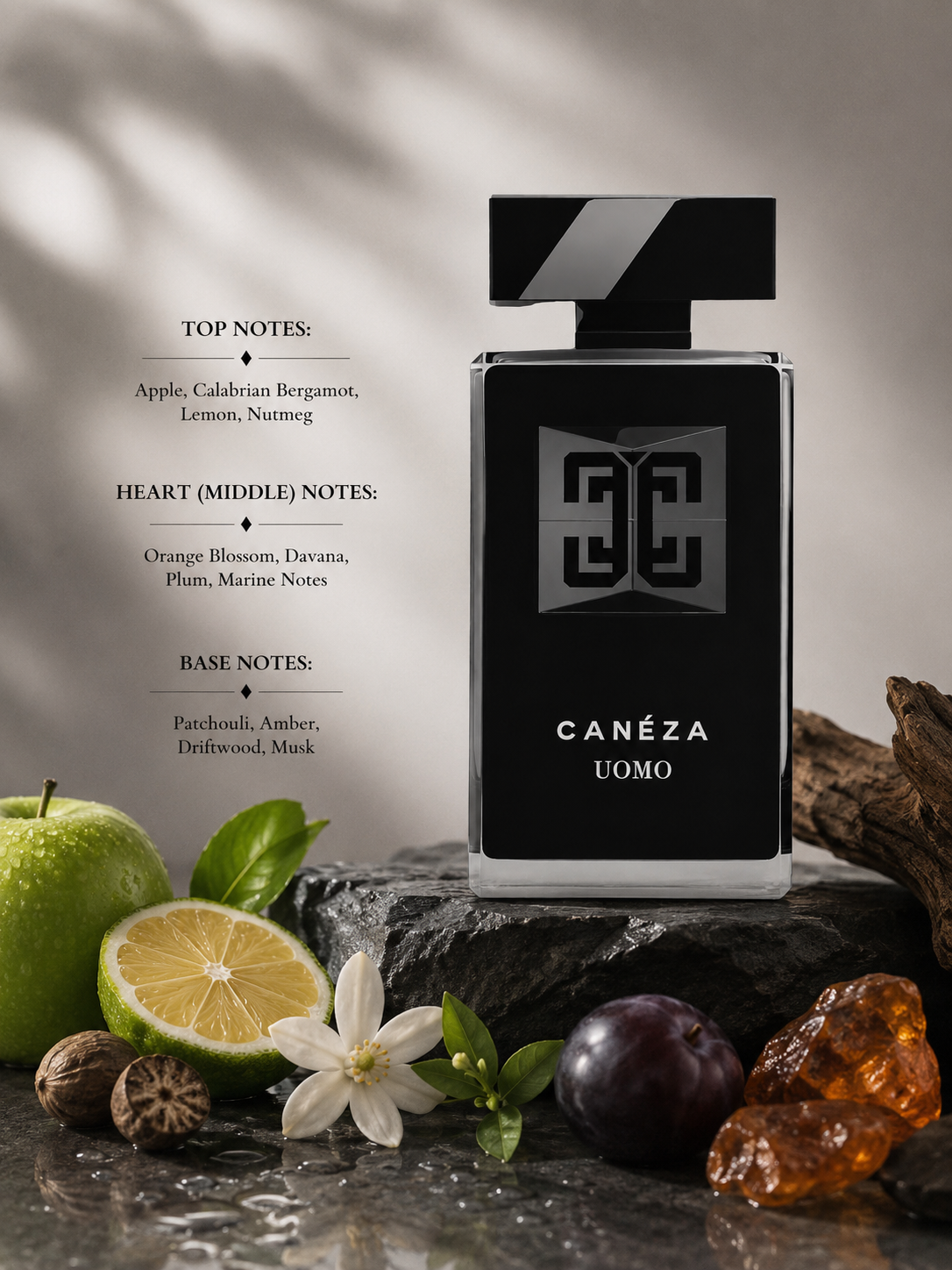 Canéza Uomo fragrance bottle displayed with apple, Calabrian bergamot, lemon, nutmeg, orange blossom, davana, plum, marine notes, patchouli, amber, driftwood, musk, and fragrance notes listed on the left.