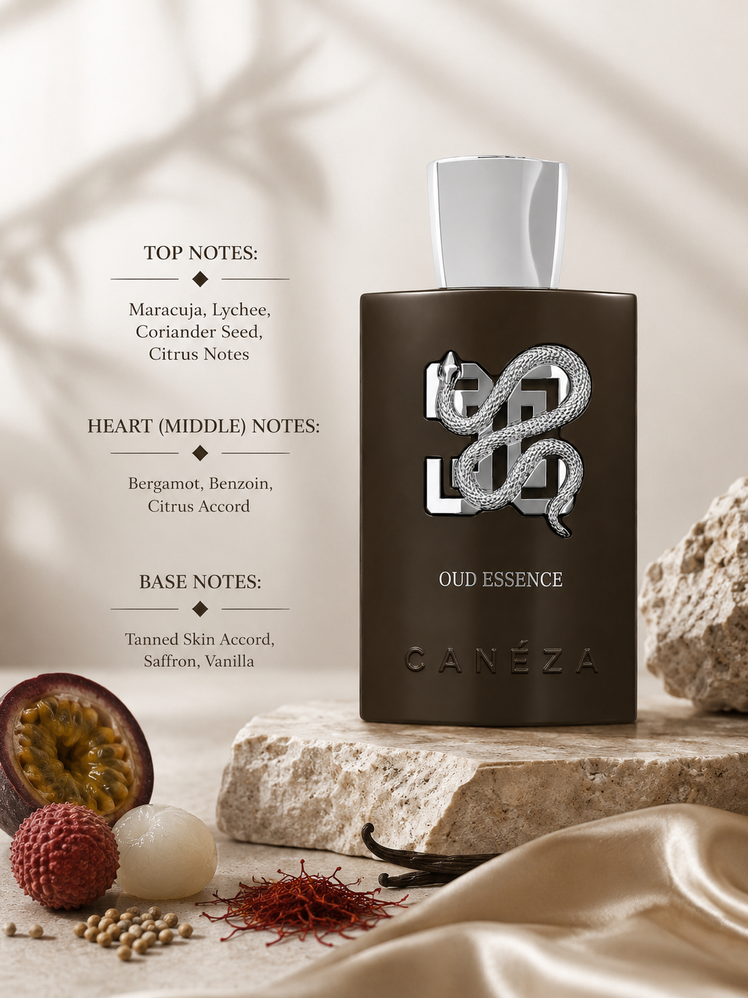 Canéza Oud Essence with passion fruit, lychee, saffron and vanilla for a rich oriental scent.