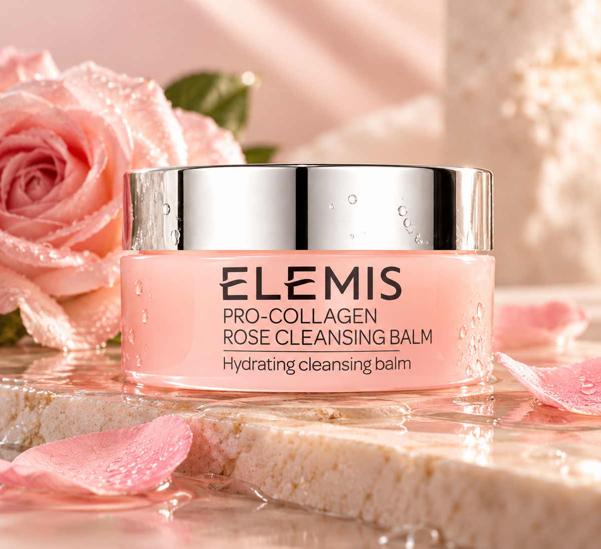 ELEMIS Pro-Collagen Rose Cleansing Balm in a delicate pink jar with a silver lid, beautifully displayed on natural stone beside fresh pink roses and delicate petals. Luxurious rose-infused facial cleansing balm that gently removes makeup and impurities while leaving skin soft and hydrated.