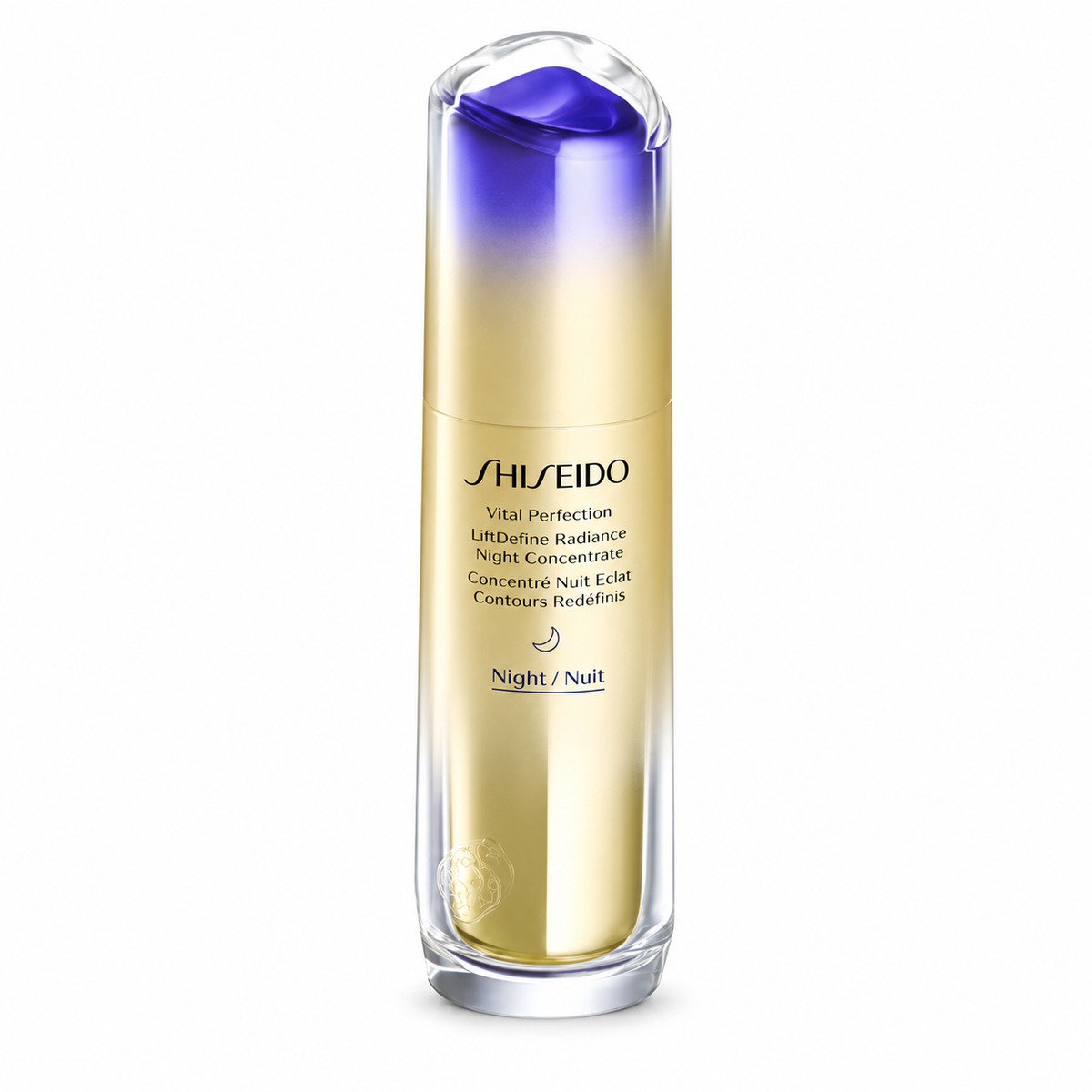 Shiseido Vital Perfection LiftDefine Radiance Night Concentrate in an elegant gold bottle with a violet gradient cap and transparent sculpted detailing. Luxury Japanese overnight anti-aging skincare concentrate for firmer-looking facial contours and radiant skin, on a pure white background.