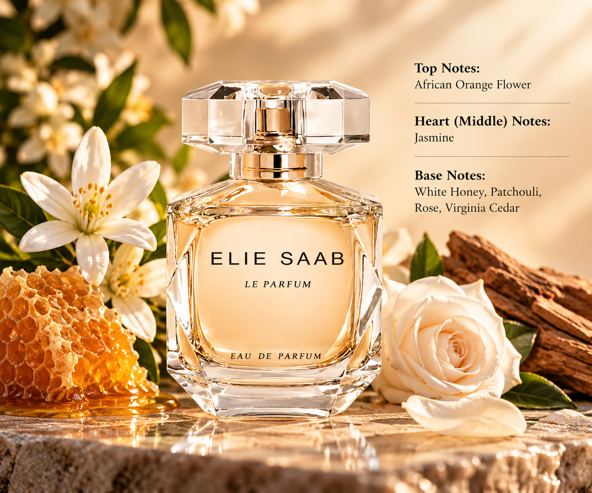 Elie Saab Le Parfum Eau de Parfum for women in an elegant faceted glass bottle with a crystal cap and golden fragrance, surrounded by delicate orange blossoms, jasmine flowers, white roses, golden honeycomb and cedarwood, reflecting its luxurious floral, honeyed and woody scent.