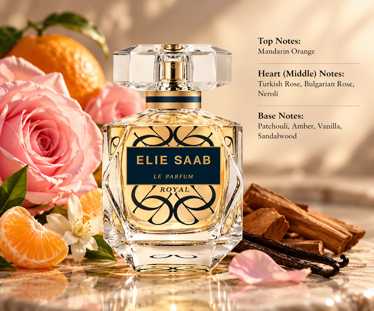 Elie Saab Le Parfum Royal Eau de Parfum in an elegant faceted glass bottle with golden perfume, crystal cap and black and gold detailing, surrounded by pink roses, mandarin oranges, delicate white flowers, sandalwood and vanilla, reflecting its luxurious floral, amber and woody fragrance.