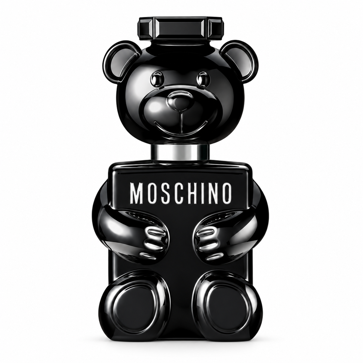 Moschino Toy Boy Eau de Parfum for men in its distinctive glossy black teddy bear-shaped bottle with silver details and Moschino branding, presented against a clean white background.