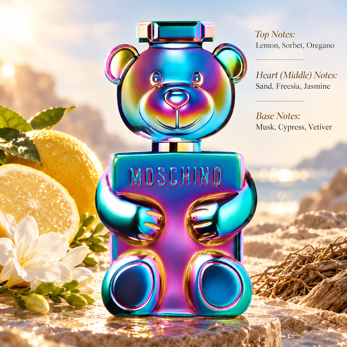Moschino Toy 2 Pearl Eau de Parfum in its iridescent teddy bear-shaped bottle with shimmering blue, pink and turquoise tones, surrounded by fresh lemons, white freesia flowers and driftwood on a sunlit beach. A fresh citrus woody fragrance featuring lemon, oregano, jasmine, musk, cypress and vetiver.