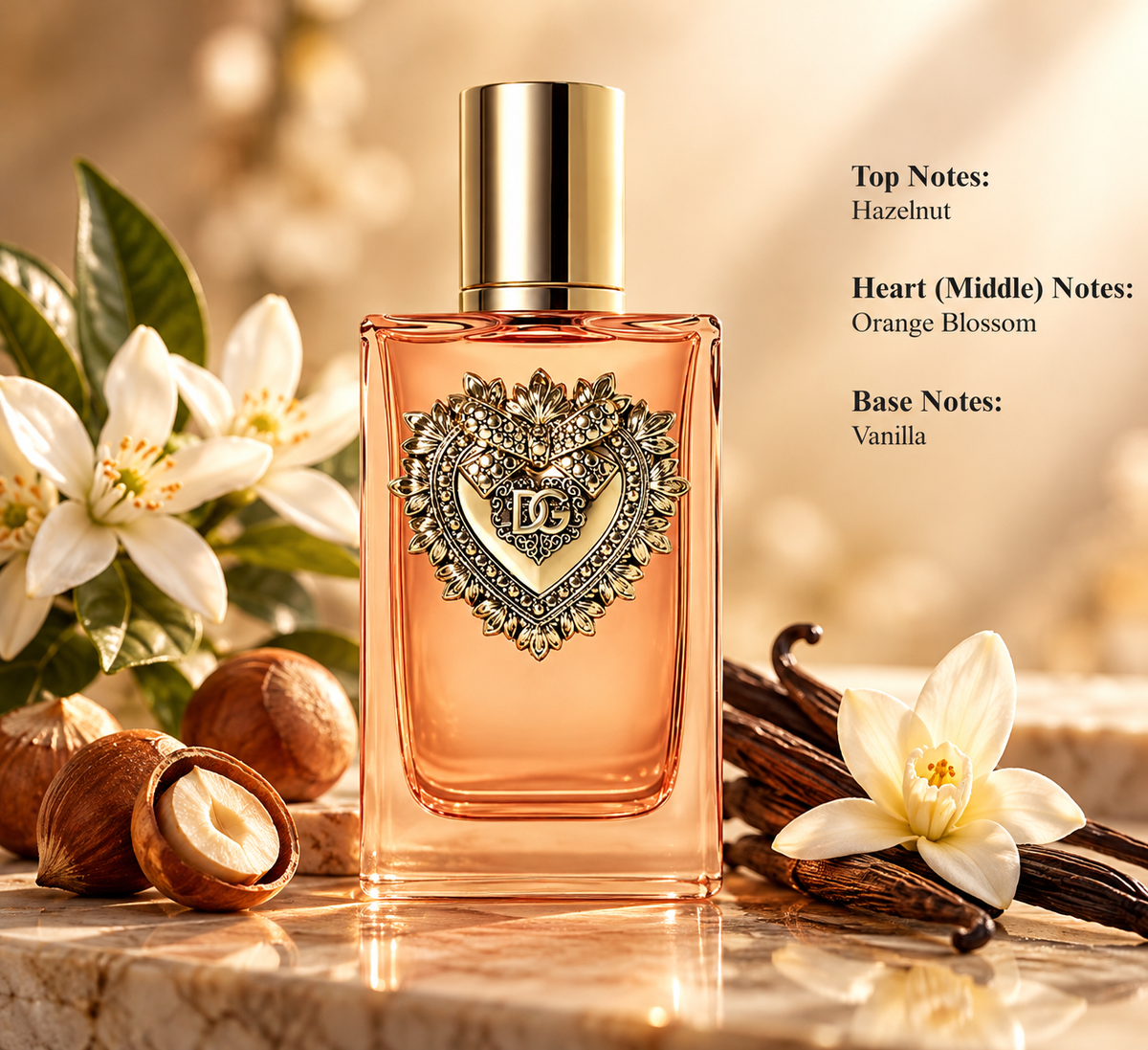 Dolce & Gabbana Devotion Eau de Parfum for women, featuring an elegant amber-peach glass perfume bottle with a gold cap and ornate Sacred Heart emblem, surrounded by hazelnuts, delicate white orange blossoms and vanilla pods. A luxurious gourmand floral fragrance with hazelnut top notes, orange blossom heart notes and a warm vanilla base, presented against a soft golden beige background.