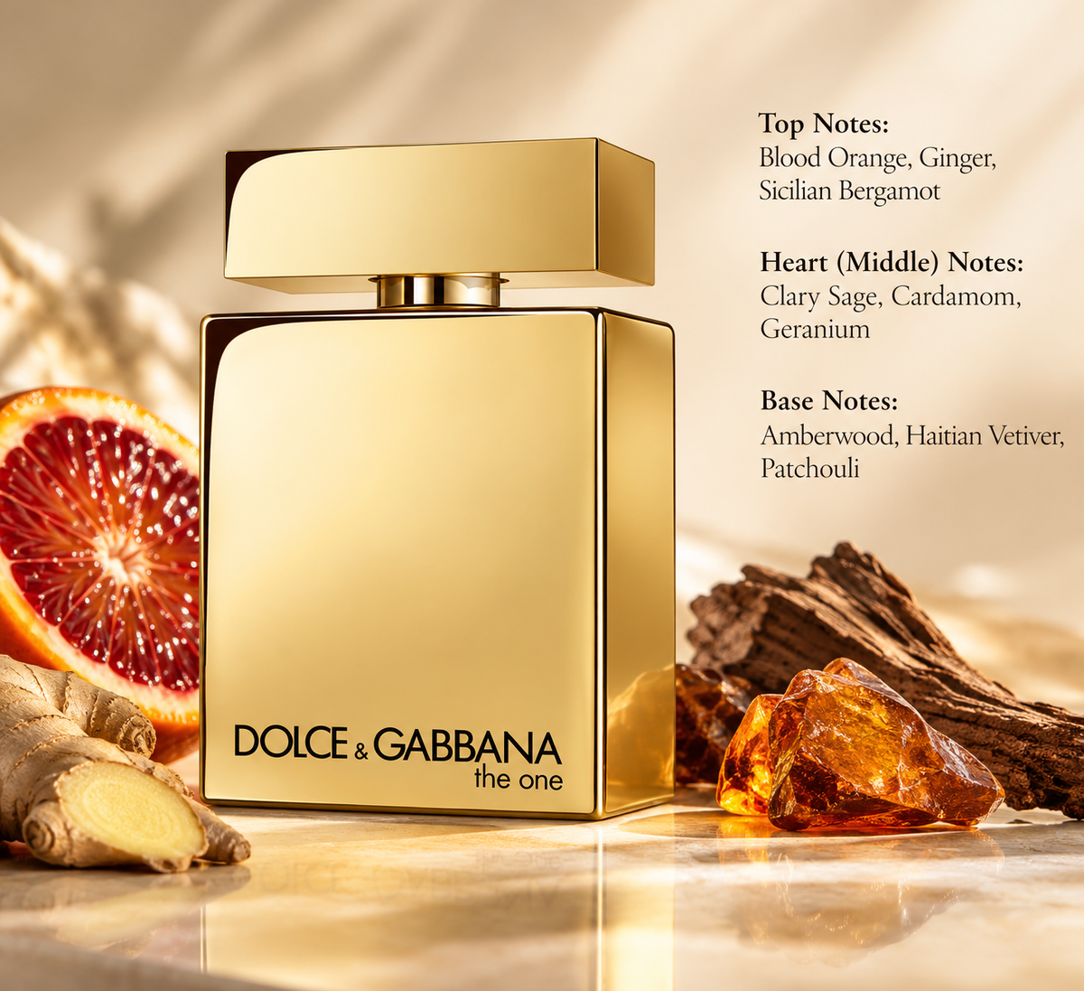 Dolce & Gabbana The One men's perfume in an elegant gold rectangular bottle, displayed on a warm beige background with blood orange, fresh ginger, amber crystals and woody accents. A luxurious masculine fragrance featuring citrus, aromatic spices, amberwood, vetiver and patchouli.