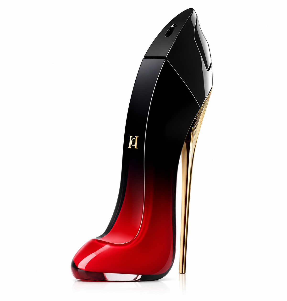 Carolina Herrera Good Girl perfume in the iconic black and red stiletto-shaped bottle with elegant gold heel detailing, photographed on a clean white background.