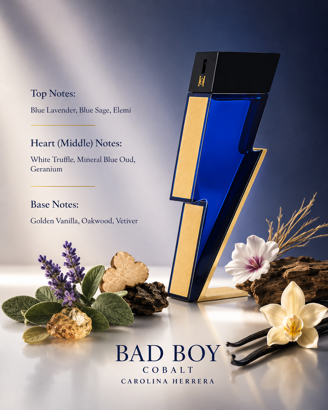 Carolina Herrera Bad Boy Cobalt perfume bottle with a striking blue and gold geometric design, displayed alongside botanical and floral notes on a reflective surface against a blue gradient background.