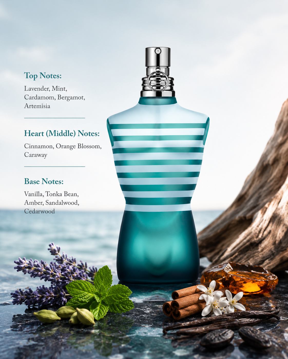 Jean Paul Gaultier Le Male Eau de Toilette with fragrance notes of lavender, mint, cardamom, orange blossom, vanilla, tonka bean and sandalwood.