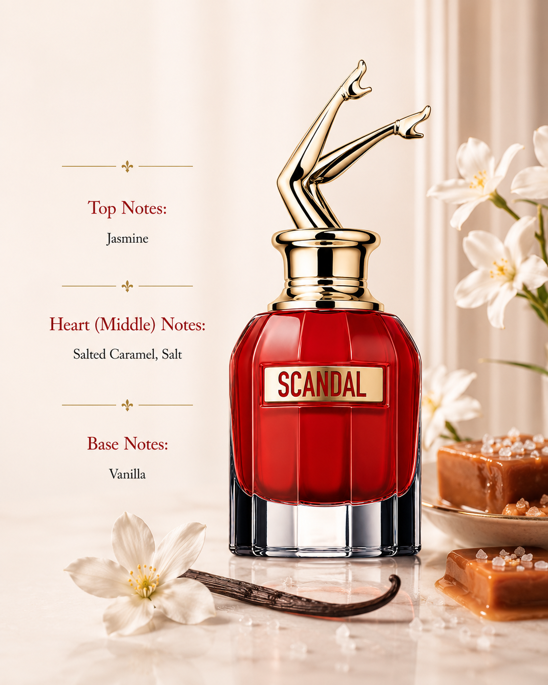 Jean Paul Gaultier Scandal Le Parfum 80ml EDP surrounded by jasmine, vanilla, salted caramel and sea salt reflecting its gourmand floral fragrance notes.